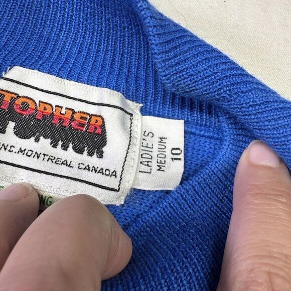 Vintage 80s Topher 100% Wool Sweater Blue Black Stripe Mod Style - Picture 6 of 6